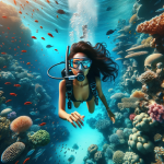 Female diver exploring vibrant coral reef underwater.