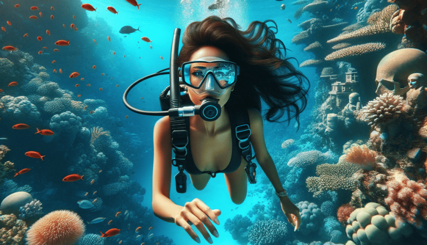 Female diver exploring vibrant coral reef underwater.