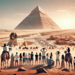 Tourists enjoying views of the Great Pyramid and Sphinx.