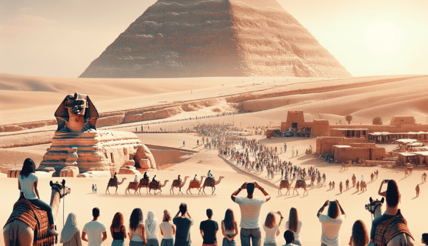 Tourists enjoying views of the Great Pyramid and Sphinx.