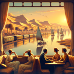 Vintage train overlooking sailboats on serene desert river.