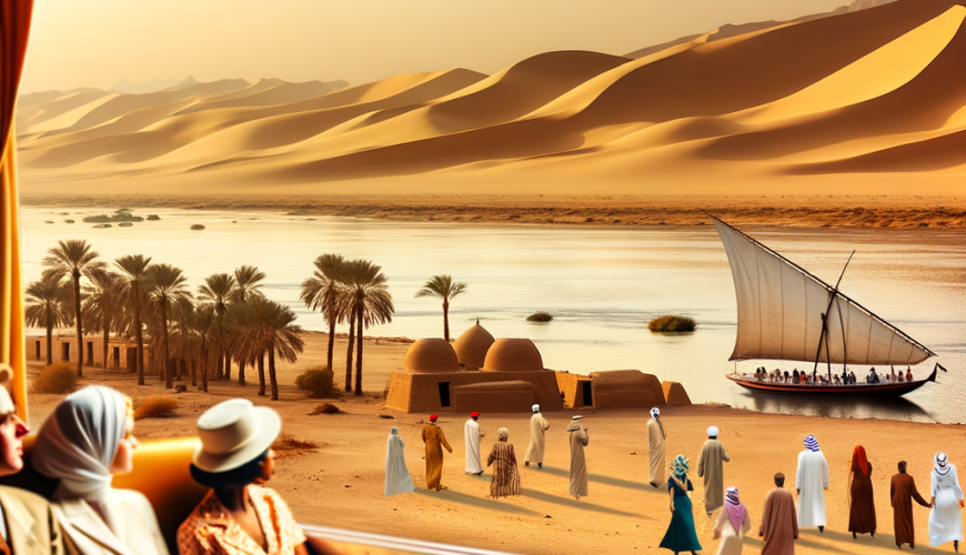 Vintage train overlooking sailboats on serene desert river.
