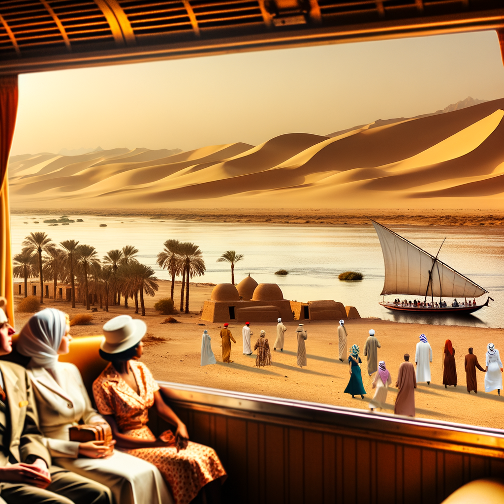Vintage train overlooking sailboats on serene desert river.