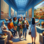 Diverse group touring Egyptian exhibit in a museum.