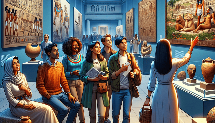 Diverse group touring Egyptian exhibit in a museum.