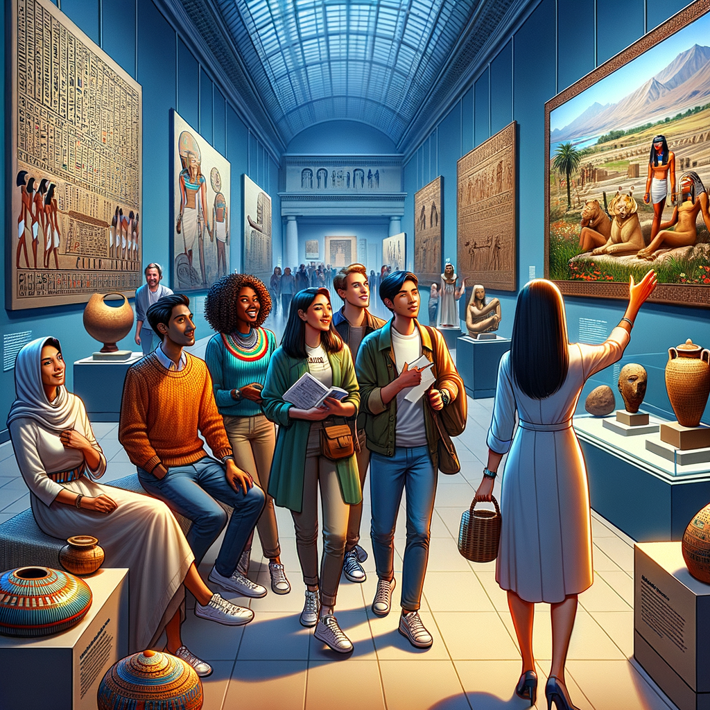 Diverse group touring Egyptian exhibit in a museum.