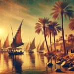 Sailboats on river at sunset with palm trees