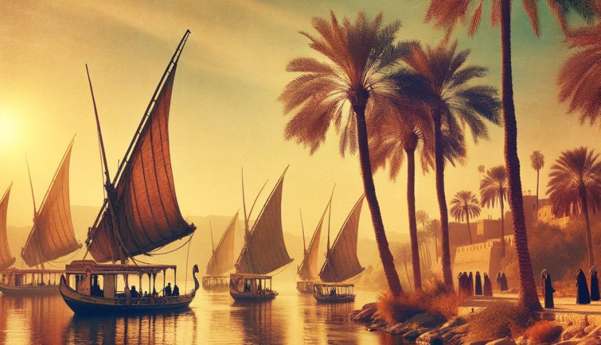 Sailboats on river at sunset with palm trees
