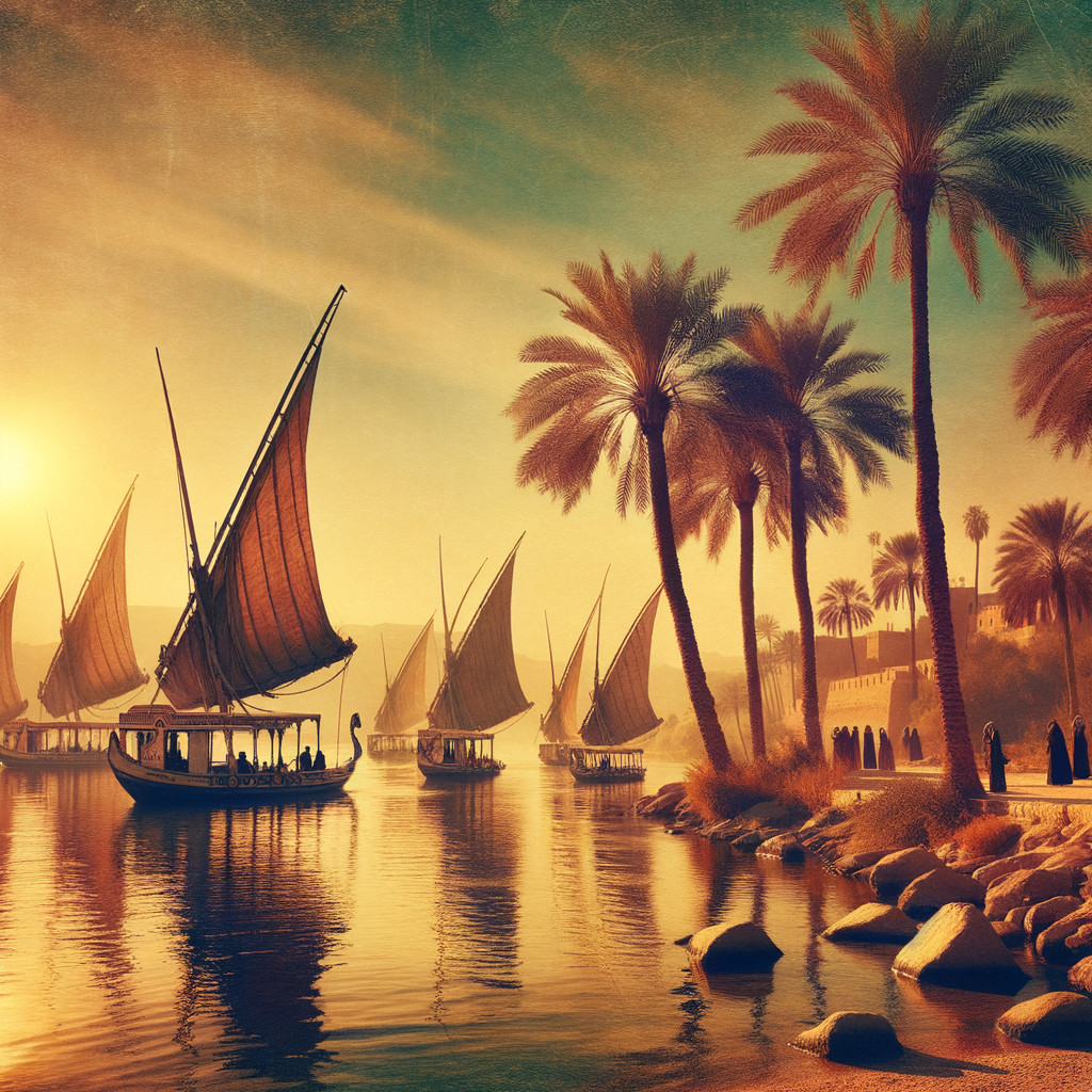 Sailboats on river at sunset with palm trees