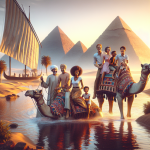 Caravan with camels by Egypt's pyramids and river.