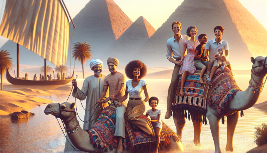 Caravan with camels by Egypt's pyramids and river.
