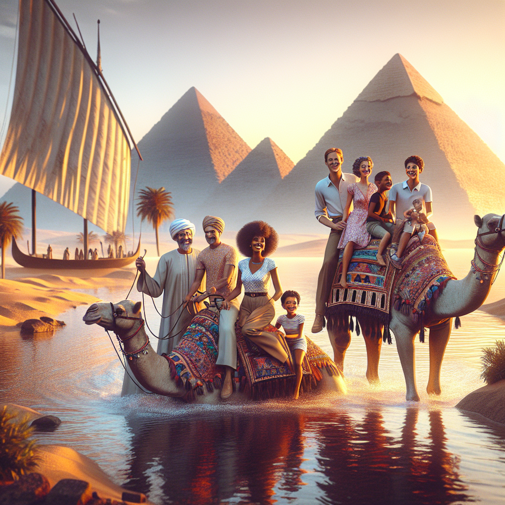 Caravan with camels by Egypt's pyramids and river.