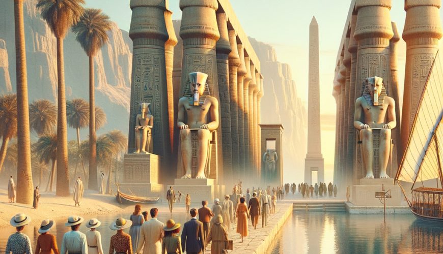 Ancient Egyptian temple with visitors and a riverboat.