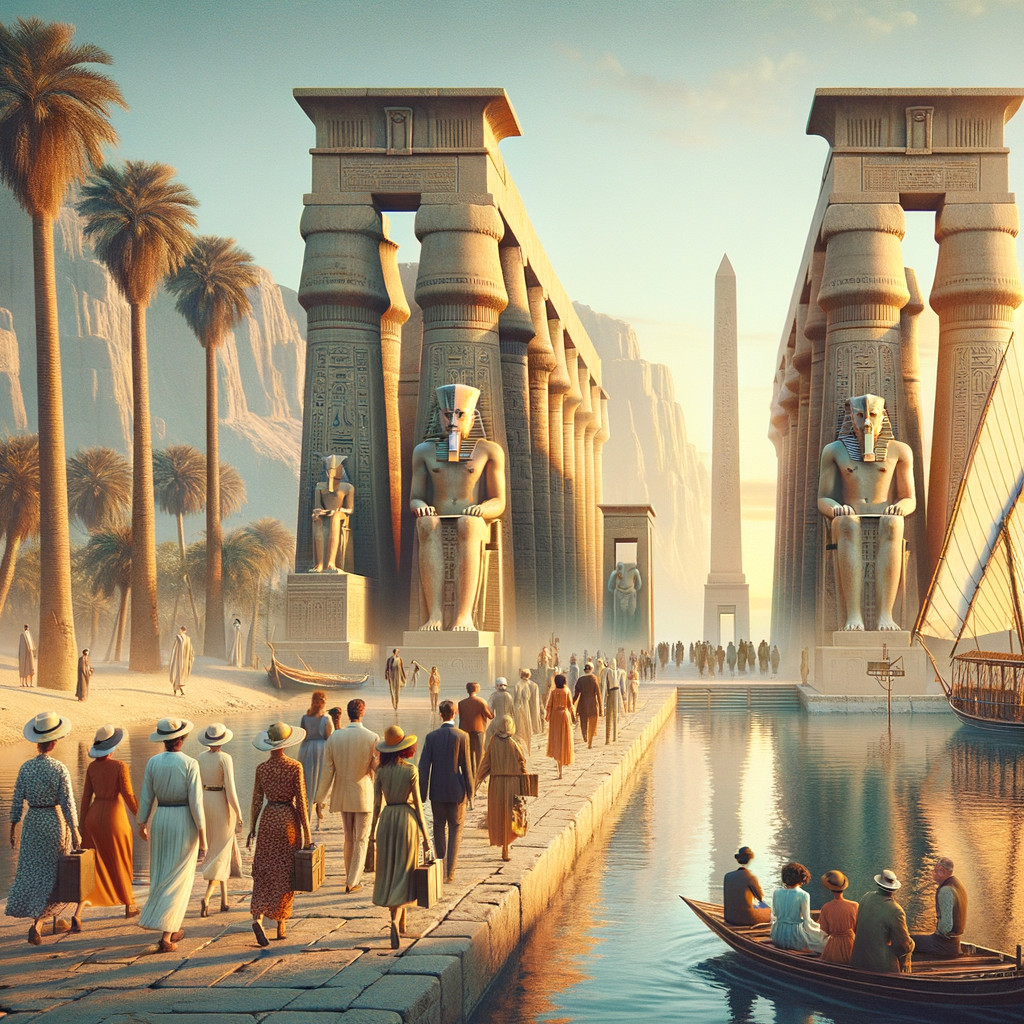 Ancient Egyptian temple with visitors and a riverboat.