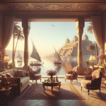 Luxurious room overlooking serene river and ancient cityscape.