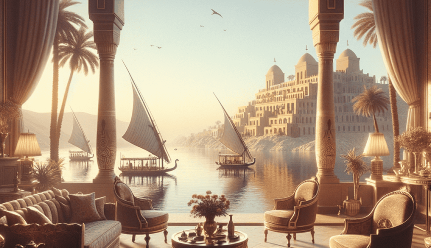 Luxurious room overlooking serene river and ancient cityscape.
