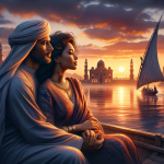 Animated couple watching sunset by palace on river.