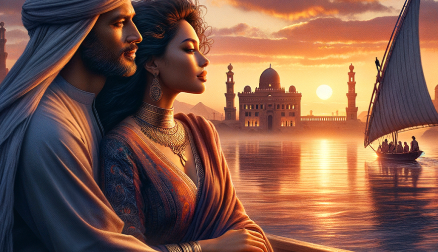 Animated couple watching sunset by palace on river.