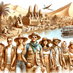 Tourists exploring ancient Egyptian landmarks and river.