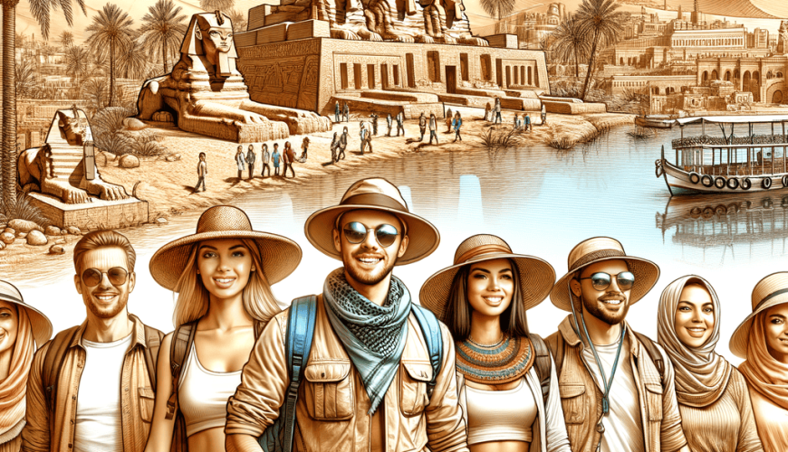 Tourists exploring ancient Egyptian landmarks and river.