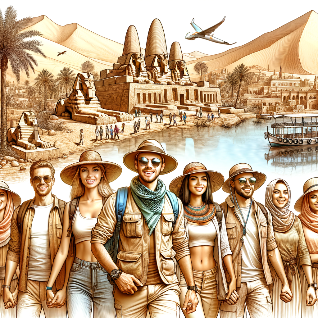 Tourists exploring ancient Egyptian landmarks and river.