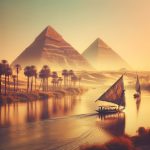 Sunset over Egyptian pyramids with Nile river and sailboats.