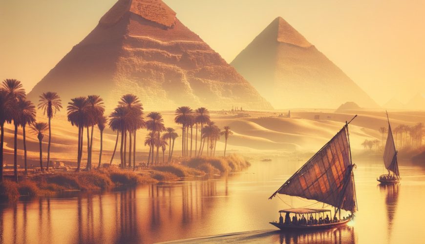 Sunset over Egyptian pyramids with Nile river and sailboats.