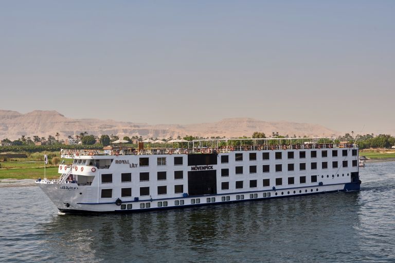 Luxury Movenpick MS Royal Lily boat sailing on the Nile River with Discovery Tours Egypt.